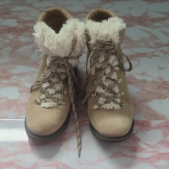 GUC Sam Edelman Darrah 2 Tan Suede Cream Fur Lace Up Boots Sz 9 - Picture 2 of 12